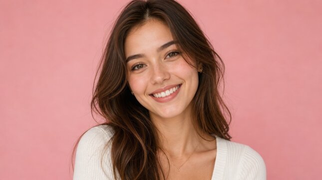 A young woman with long brown hair smiles warmly against a soft pink background, wearing a white top and natural makeup.