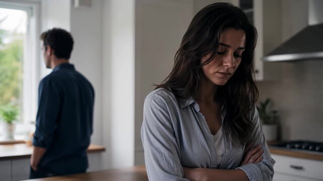 Emotionally distant couple avoids each other in kitchen, relationship crisis concept for family counseling