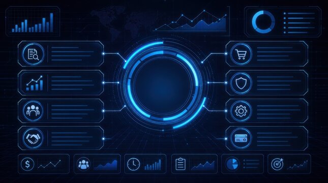 Futuristic digital interface displaying data analytics, charts, and icons in a high-tech blue holographic style.