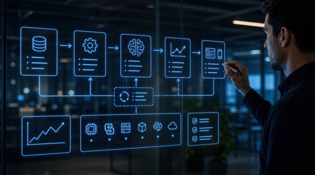 A man interacts with a transparent digital interface displaying data flow, AI, charts, and system processes in a modern office setting.