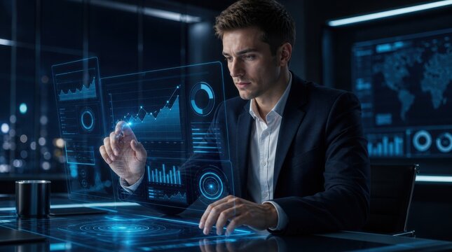 A focused businessman interacts with a futuristic holographic interface displaying data charts and graphs in a high-tech office environment.