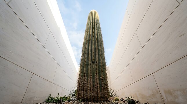An argentine giant cactus rising between modern white architectural walls under a bright blue sky outdoors