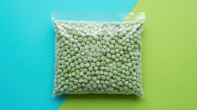 A clear plastic bag filled with frozen green peas against a split blue and green background