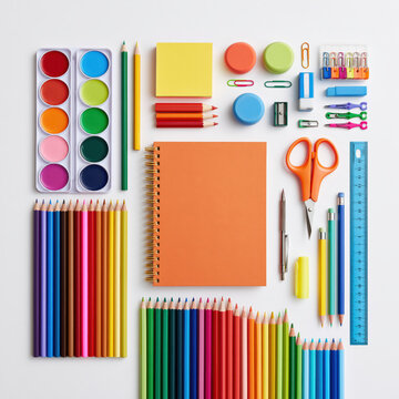 Colorful stationery rainbow pencil art supply school tool creative desk education office assortment top view organized layout enhances playful mood for learning and creative craft projects