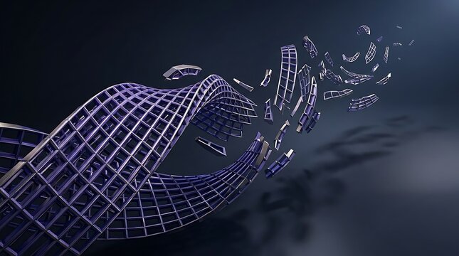 Abstract digital wireframe structure with glowing particles forming a flowing wave pattern on a dark background