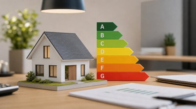 A small model house on a desk next to a colorful energy efficiency rating chart from A to G, indicating energy consumption levels.
