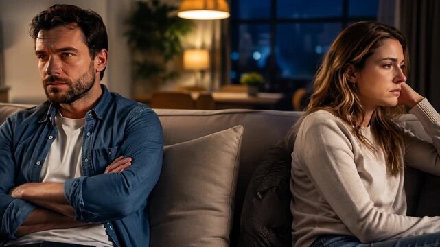Upset couple sits apart on sofa after argument, emotional distance concept for relationship counseling
