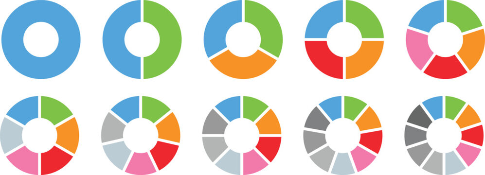 Circle pie chart icons set in different style and color. Process cycle. Pie charts diagrams. 1, 2, 3, 4, 5, 6 ,7, 8, 9, 10 sections or steps. Vector illustration on white background