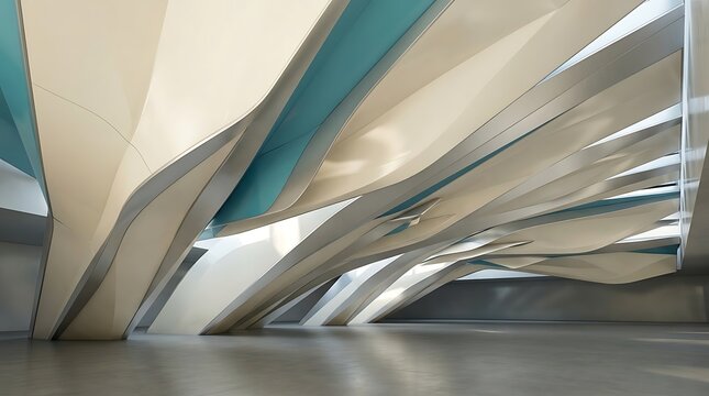 Low angle view of a modern architectural interior with curved white walls and bright natural lighting