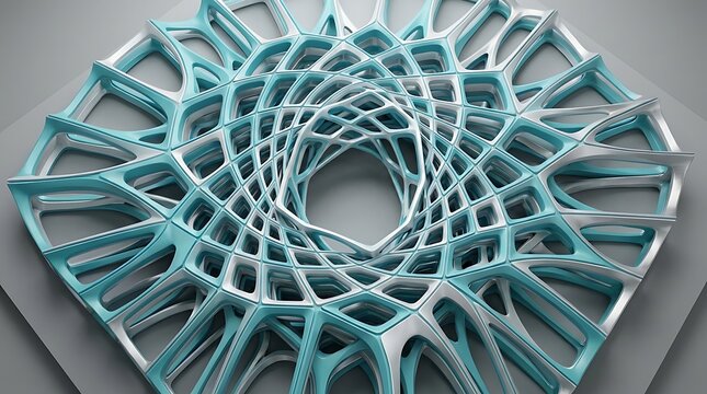 Abstract 3d printed sculpture with intricate geometric lattice structure and teal blue metallic finish on grey background