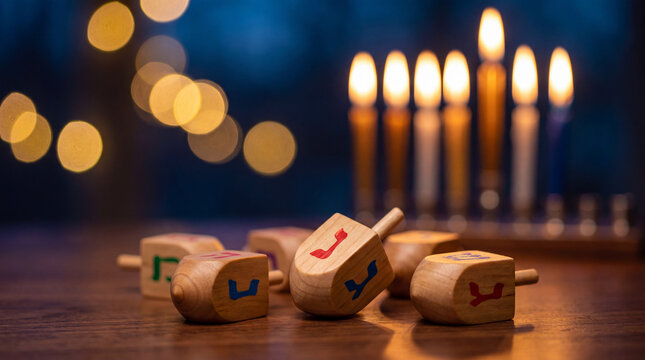 A festive Hanukkah scene featuring traditional wooden dreidels on a wooden table with a glowing menorah in the blurred background.