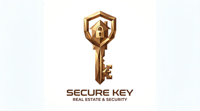 Polygonal golden key with house and padlock a security symbol