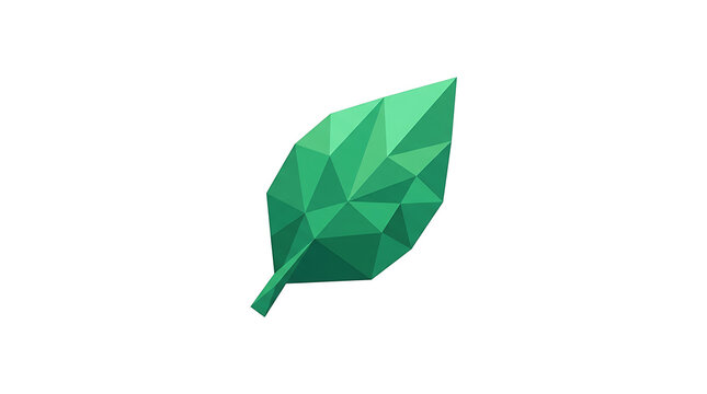A low poly green leaf against a white background