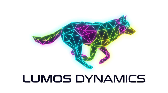 Running wolf illustration features a polygonal neon colored design on a white background
