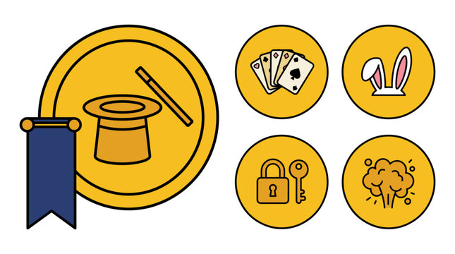 Set of gold magic theme medals featuring hat and wand playing cards rabbit ears lock and key and explosion graphic icons.