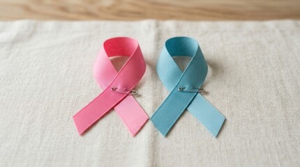 Fototapeta premium Pink And Blue Awareness Ribbons With Safety Pins Representing Support And Hope