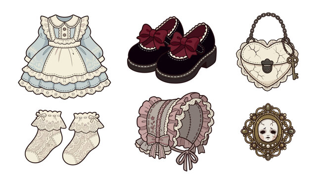 Gothic victorian lolita fashion set with creepy doll accessories