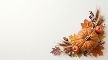 Fototapeta premium Autumnal Thanksgiving border with pumpkin, leaves, and fruits on white background