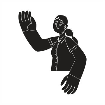 Person waving hello in minimalist black and white graphic with friendly ges