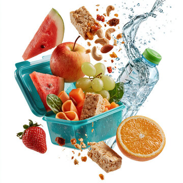 Healthy lunch box balanced snack fresh fruit vegetables granola bar nuts bottled water splash clean eating school lunch Healthy lunch box with balanced snack, fresh fruit, vegetables, granola bar