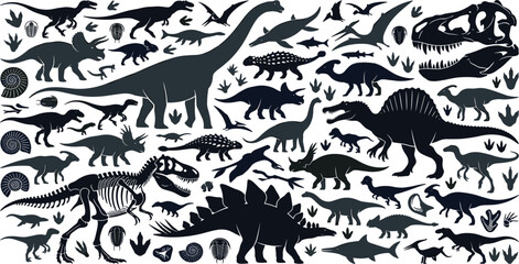 Dinosaur silhouettes vector collection set with prehistoric monsters skeletons fossils and footprints isolated on white background © raju