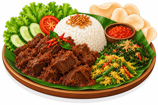 Colorful 2D illustration of Indonesian beef rendang served with steamed rice, sambal, vegetables, fresh lettuce, cucumber, tomato, fried shallots, banana leaf, and prawn crackers on a traditional plat