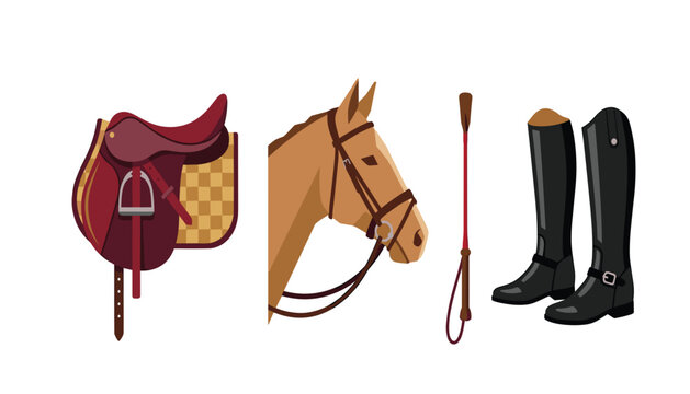 Equestrian equipment set with horse head saddle bridle riding boots and whip isolated on white background vector