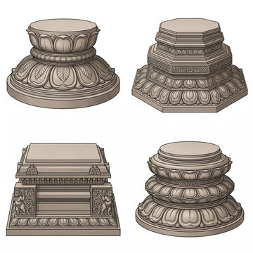 Four pale carved temple pillar bases with lotus petals, stepped geometric foundations and layered ornamental moldings