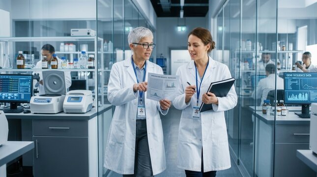 Two Scientists Collaborating On Research Data In A Modern Laboratory Setting