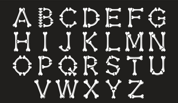 Spooky Bone Alphabet Vector Illustration: Full White Skeleton Font Letters A-Z on Black Background. Perfect for Halloween Graphic Design, Horror Themes, and Decorative Typography Sets.