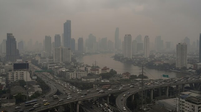 Urban Cityscape Under Thick Hazy Smog With Heavy Traffic And River