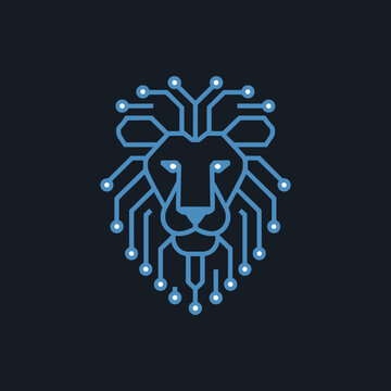 Digital lion head logo design, cybernetic animal icon, tech style vector illustration