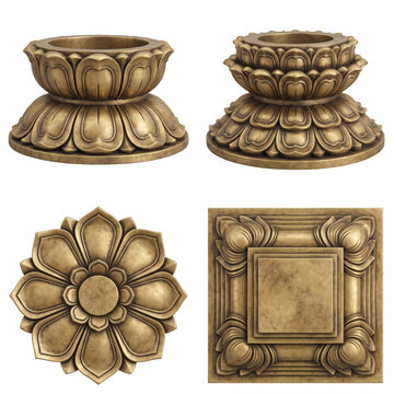 Temple architectural bases with layered lotus forms, radial floral rosette, square framed panel and carved ornamental borders