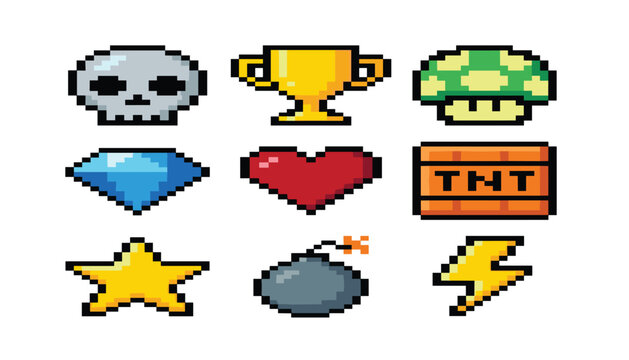 Pixel art gaming icon set with skull trophy mushroom diamond heart tnt star bomb and lightning vector