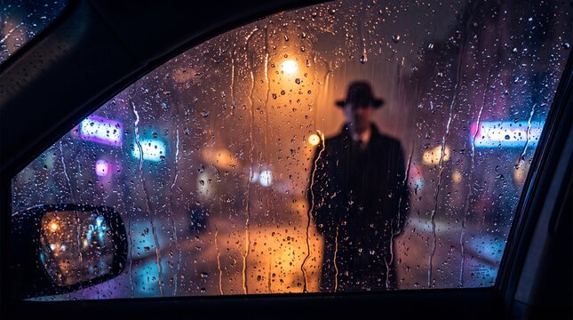 Mysterious Figure in Hat Seen Through Rain-Covered Car Window at Night