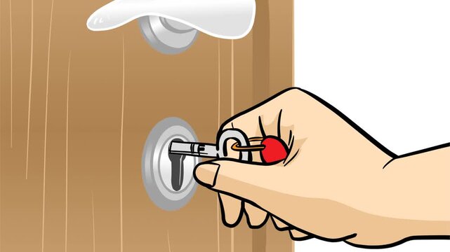Animated vector illustration of a hand inserting and turning a key to unlock a wooden door