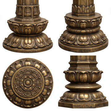 Ornamental temple pillar bases with lotus cushions, circular floral rosette and layered carved architectural forms