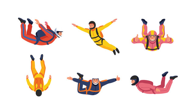 Skydiver character cartoon collection set with people freefalling in jumpsuits isolated on clean white background vector