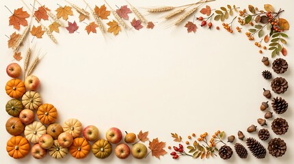 Fototapeta premium Autumnal Thanksgiving border with pumpkins, apples, leaves, and pinecones on a beige background