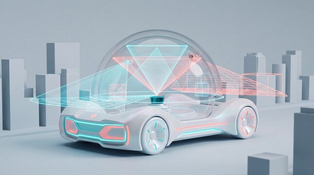 autonomous vehicle design, a sleek, futuristic autonomous vehicle is depicted in a vibrant, layered design
