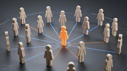 Obraz premium A 3D Render Illustration of a Central Leader Figure Connected to a Diverse Network of People Symbolizing Business Teamwork and Management