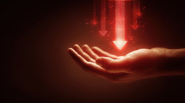 A human hand held out under glowing red downward pointing arrows in a dark setting. Financial loss and market crash concept for business presentations.