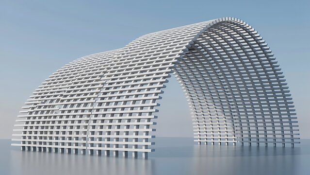 Modern parametric architectural canopy with white curved lattice structure on reflective surface digital render