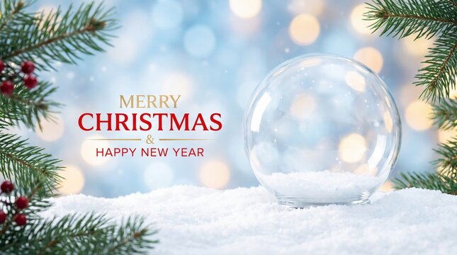 Empty Glass Snow Globe on White Snow with Christmas Fir Branches and B