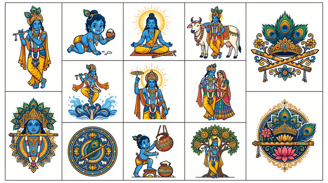 Lord Krishna Illustration Set, Flute Sudarshan Chakra and Kaliya Dance Pose, Flat Vector Mythology Clipart Bundle