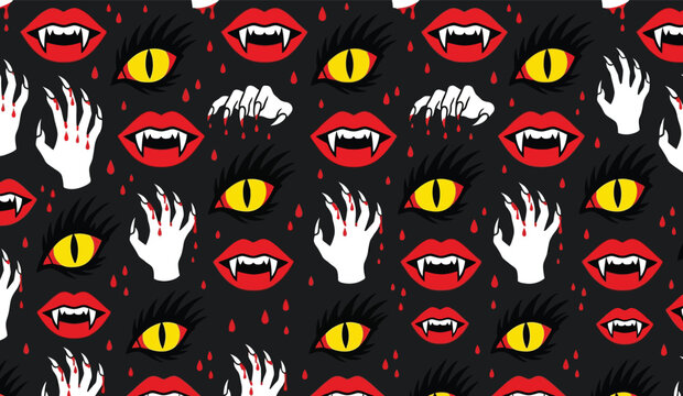 Creepy Halloween Vampire Pattern Vector Illustration Featuring Red Lips with Sharp Fangs, Yellow Monster Eyes, Bloody Claws, and Gore Drops for Spooky Gothic Textile and Wallpaper Designs.