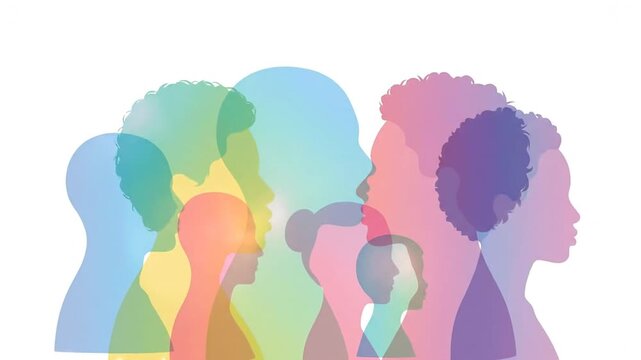 Abstract colorful silhouettes of diverse human head profiles overlapping on a white background representing unity.