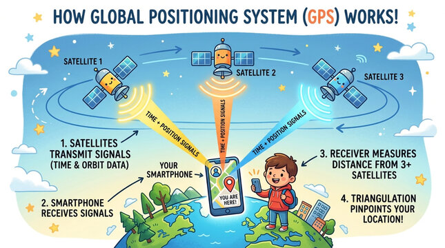 Educational Infographic Explaining How Global Positioning System GPS Works with Satellites and Smartphone Illustration