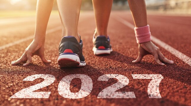 Athlete in starting position on a running track with 2027 painted on ground