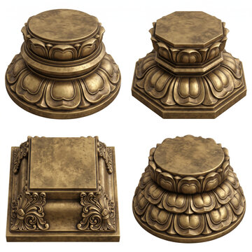 Carved temple pillar bases with rounded lotus cushions, polygonal foundations, stepped sections and ornate square plinths